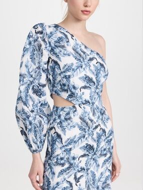 Cami NYC Pandora Dress, One-Shoulder Blue and White Tropical Print Dress